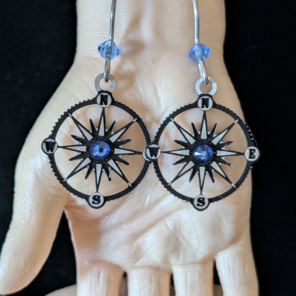 Compass Star Blue Crystal Drop Earrings - Unknown Brand